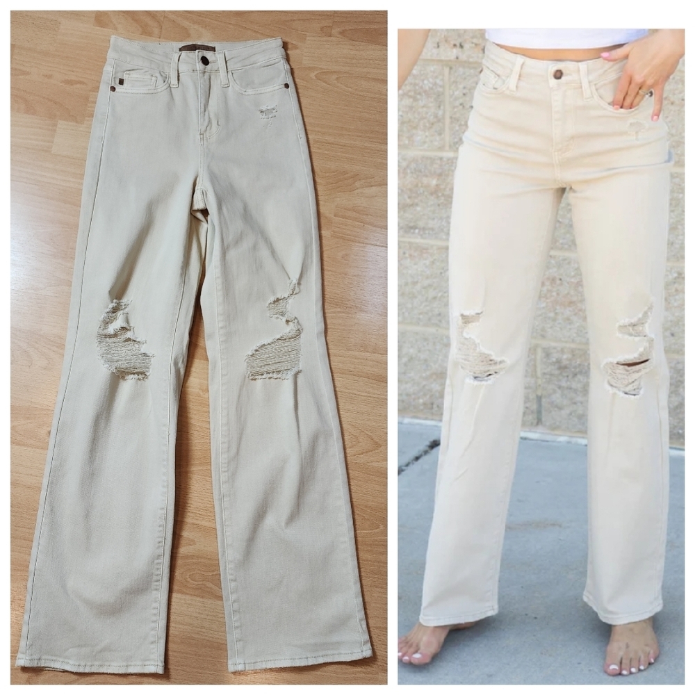 Judy Blue High Waist Garment Dyed Beige 90's Straight Wideleg Denim Jeans 88823
